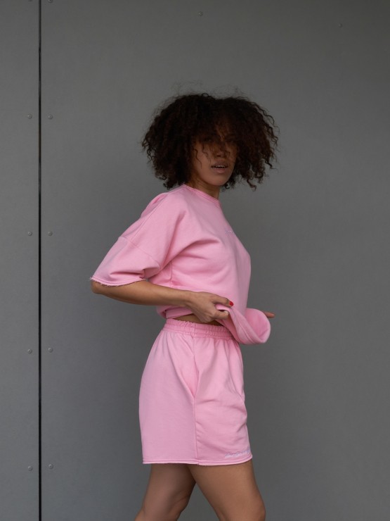 Костюм свободного кроя - Футболка, шорты - "София" - Розовый 12
