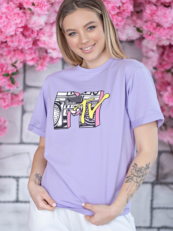 Женская футболка - оверсайз - лавандовая с принтом MTV 