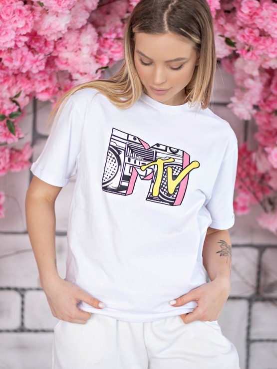 Женская футболка - оверсайз - белая с принтом MTV 