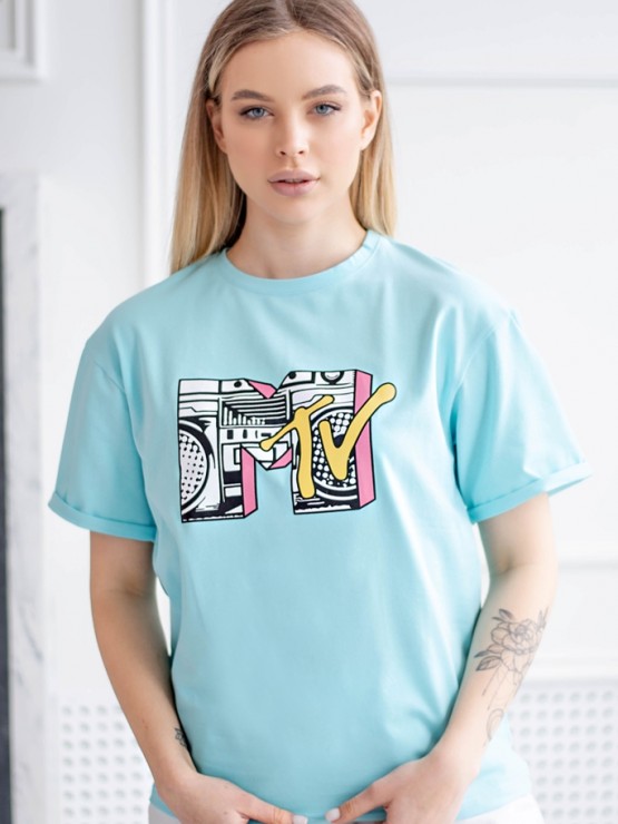 Женская футболка - оверсайз - мятная с принтом MTV 