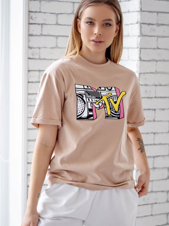 Женская футболка - оверсайз - бежевая с принтом MTV 