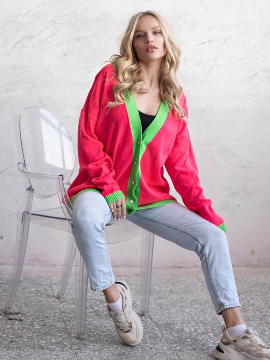 Кардиган с пуговицами - oversize -  "Беатрис" - Малиново-зеленый 2