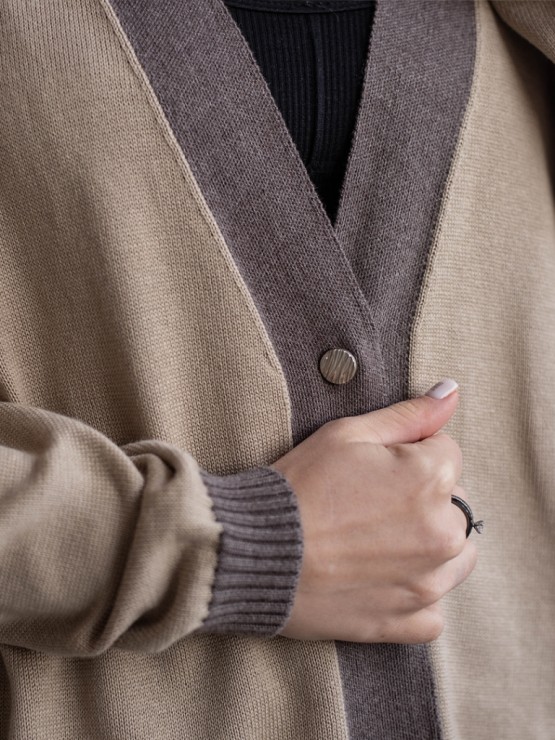 Кардиган с пуговицами - oversize -  "Беатрис" - Бежево-шоколадный 3