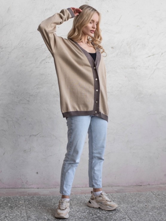 Кардиган с пуговицами - oversize -  "Беатрис" - Бежево-шоколадный 5