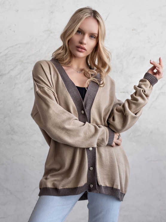 Кардиган с пуговицами - oversize -  "Беатрис" - Бежево-шоколадный 6
