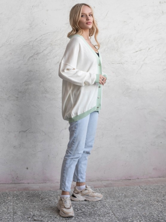 Кардиган с пуговицами - oversize -  "Беатрис" - Молочно-оливковый 4