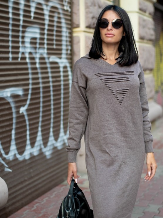 Теплое длинное платье с капюшоном - Машинная вязка - "Агата" - Шоколад 1