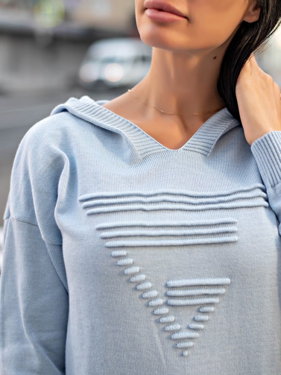 Теплое длинное платье с капюшоном - Машинная вязка - "Агата" - Голубое 2