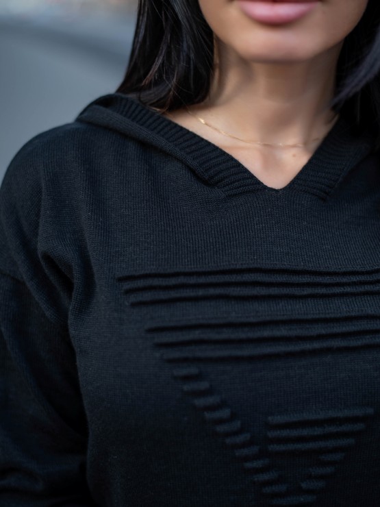 Теплое длинное платье с капюшоном - Машинная вязка - "Агата" - Черное 4