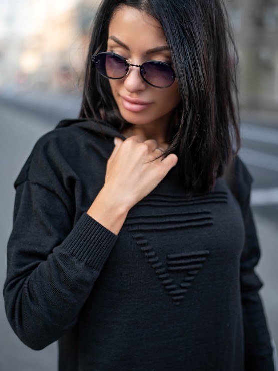 Теплое длинное платье с капюшоном - Машинная вязка - "Агата" - Черное 5