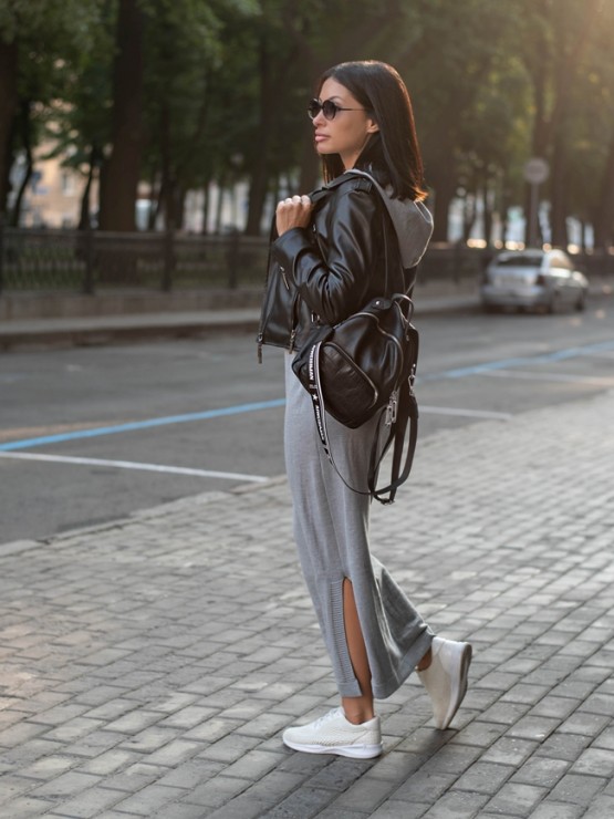 Теплое длинное платье с капюшоном - Машинная вязка - "Агата" - Серое 1