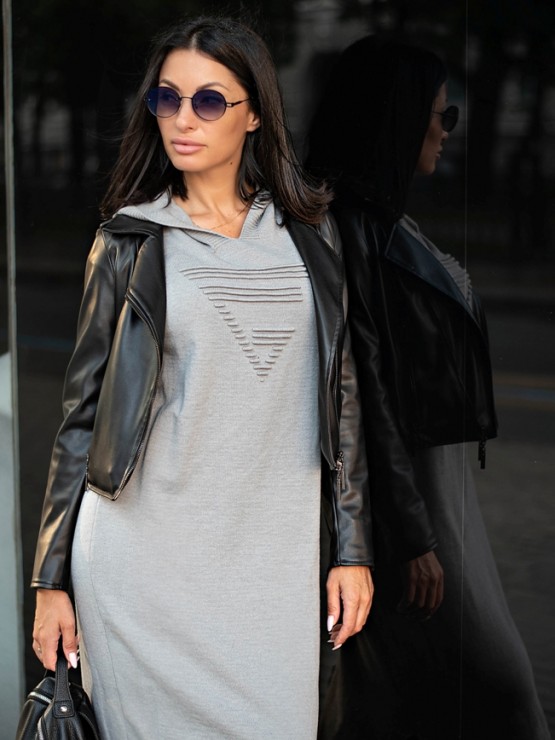 Теплое длинное платье с капюшоном - Машинная вязка - "Агата" - Серое 2