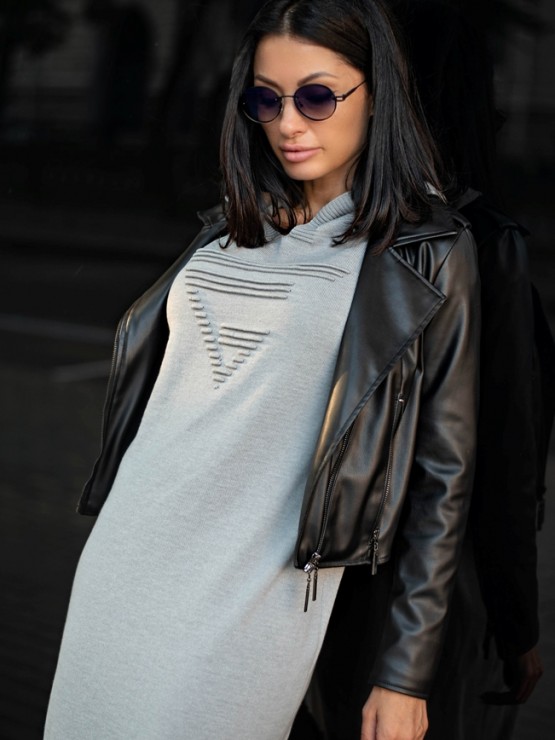 Теплое длинное платье с капюшоном - Машинная вязка - "Агата" - Серое 3