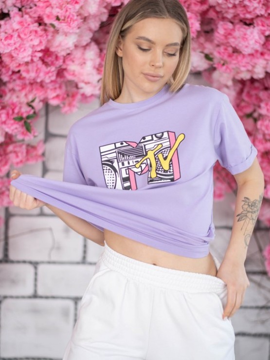 Жіноча футболка - оверсайз  - лавандова з принтом MTV 4