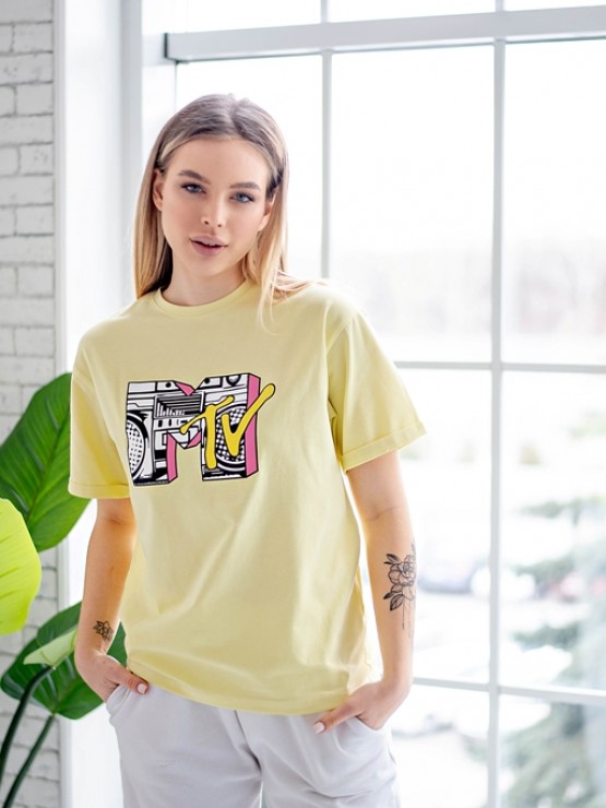 Жіноча футболка - оверсайз - лимонна з принтом MTV 