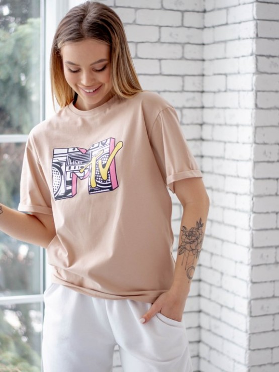 Жіноча футболка - оверсайз -  бежева з принтом MTV 4