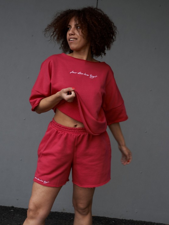 Костюм свободного кроя - Футболка, шорты - "София" - Малиновый 6