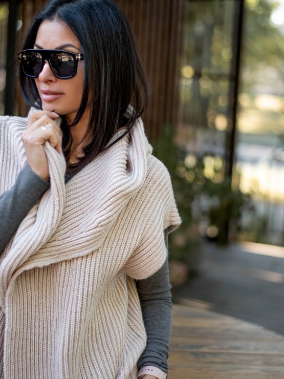 Пончо с капюшоном - Шерсть - Акрил - Песок 1