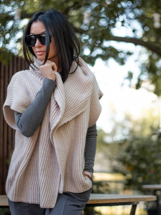 Пончо с капюшоном - Шерсть - Акрил - Песок 2