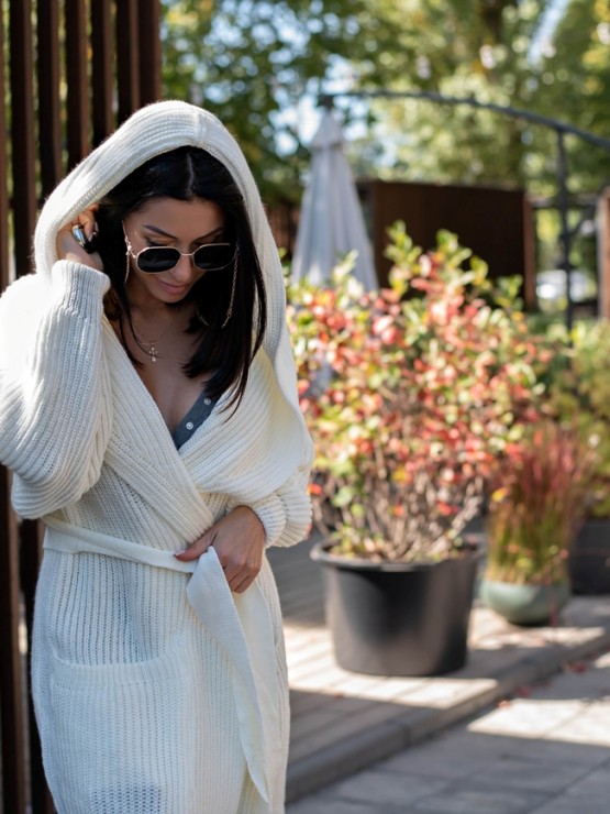 Женский кардиган с капюшоном - Шерсть -Акрил - Белый 3