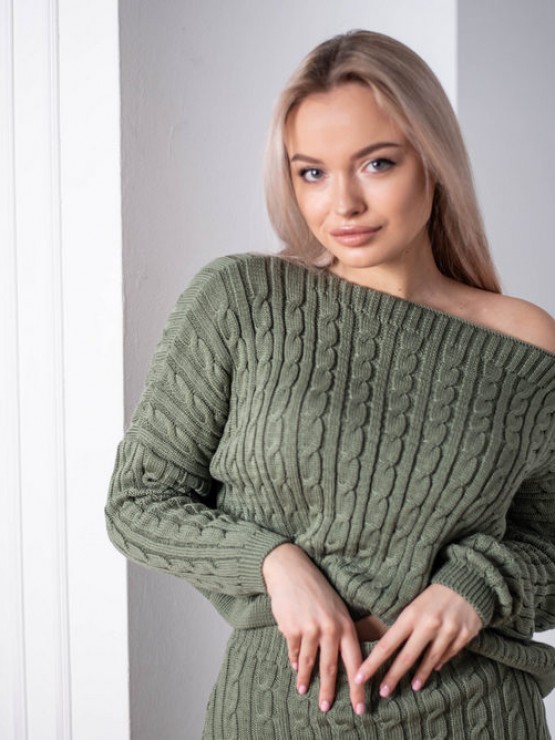 В'язаний жіночий костюм - Спідниця міні і светр вільного крою - машинна в'язка - "Адель" - Хакі В'язаний жіночий костюм - Спідниця міні і светр вільного крою - машинна в'язка - "Адель" - Хакі 1