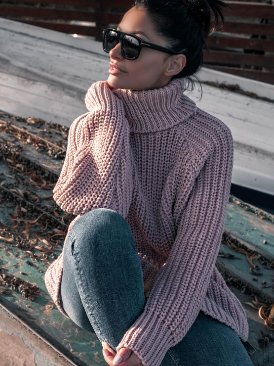 Жіночий светр крупної в’зки Вовна - Акрил - «Джоллі» -  Пудра 