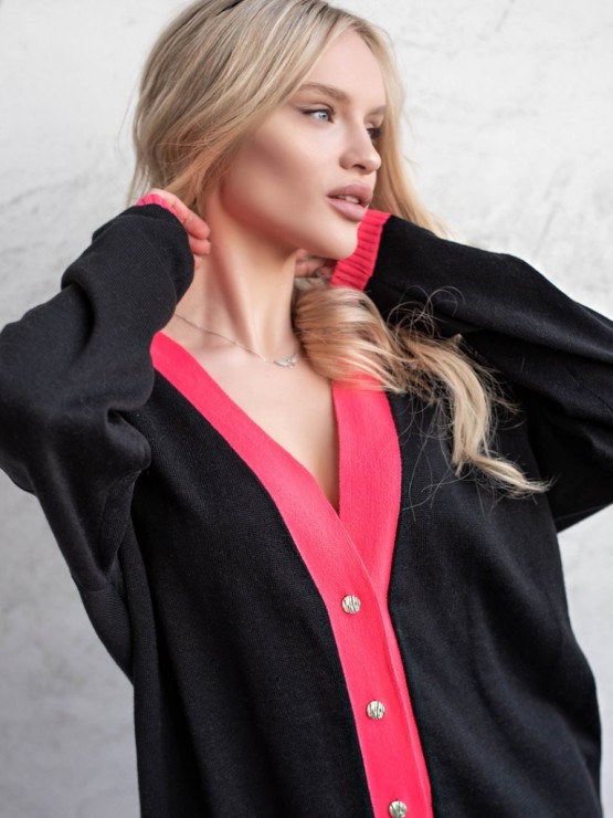 Кардиган с пуговицами - oversize -  "Беатрис" - Черно-малиновый 1