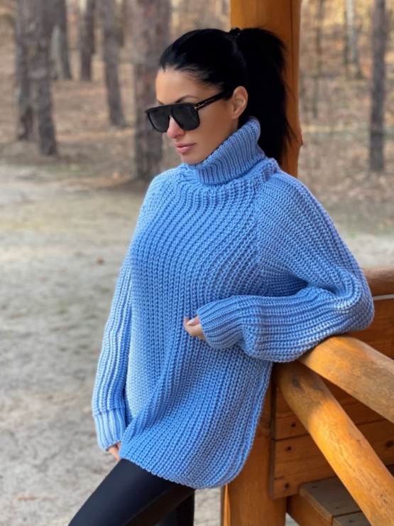 Женский свитер с высоким горлом  - Шерсть- Акрил - «Джолли» - голубой 