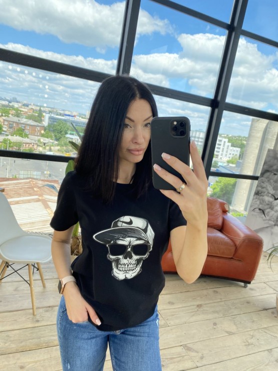 Жіноча футболка - принт Череп - Бавовна - Чорна 3