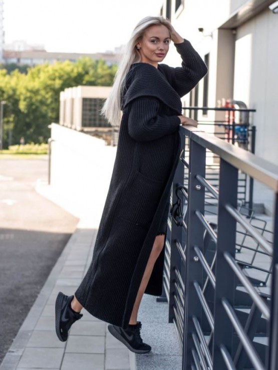 Женский кардиган с капюшоном - Шерсть -Акрил - Чёрный 3