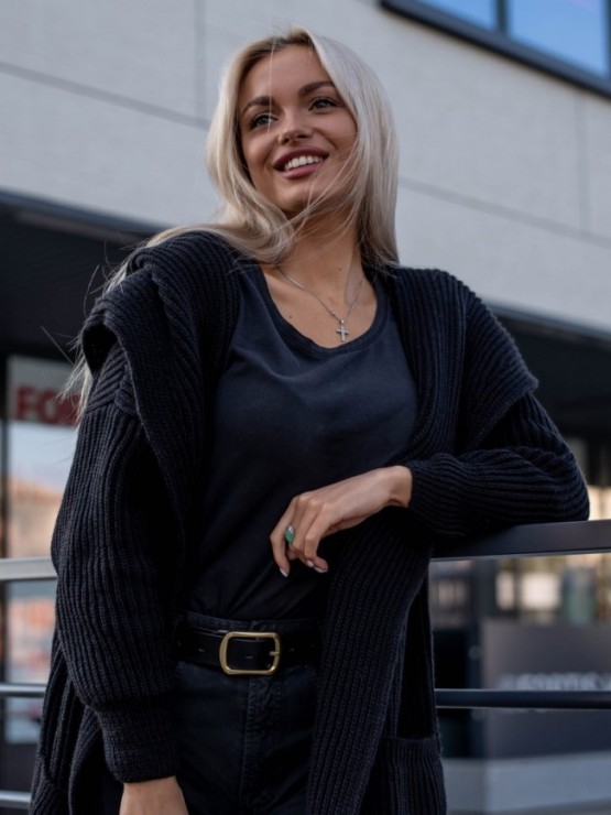 Женский кардиган с капюшоном - Шерсть -Акрил - Чёрный 5