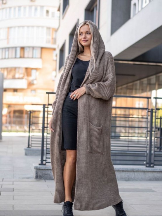 Жіночий кардиган з капюшоном - напiвшерсть-шоколад 2