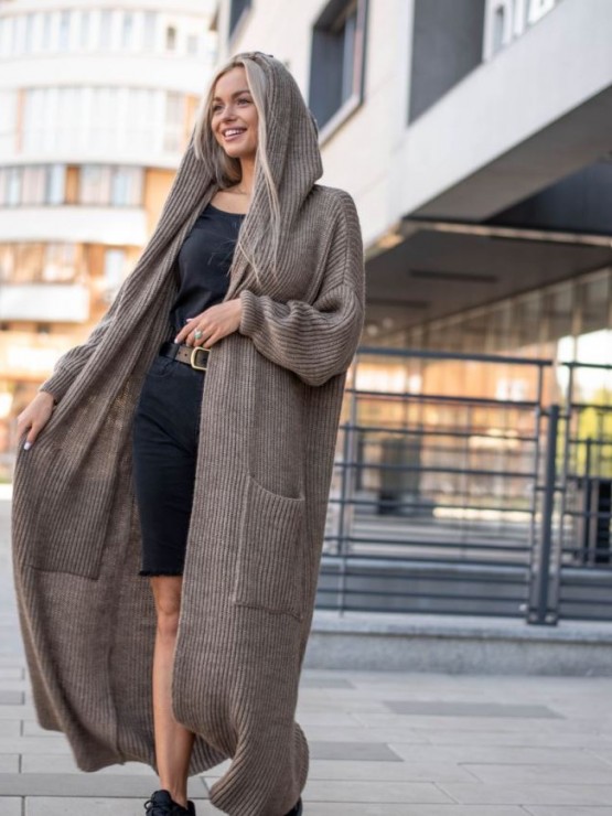 Жіночий кардиган з капюшоном - напiвшерсть-шоколад 4