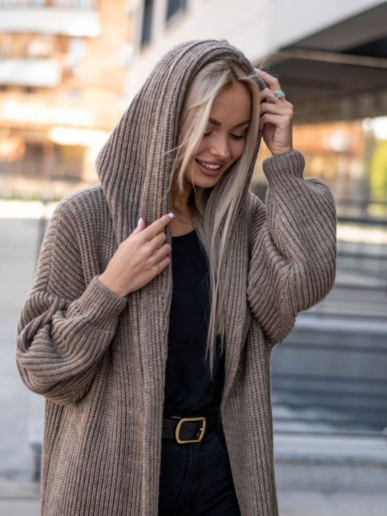 Жіночий кардиган з капюшоном - напiвшерсть-шоколад 5