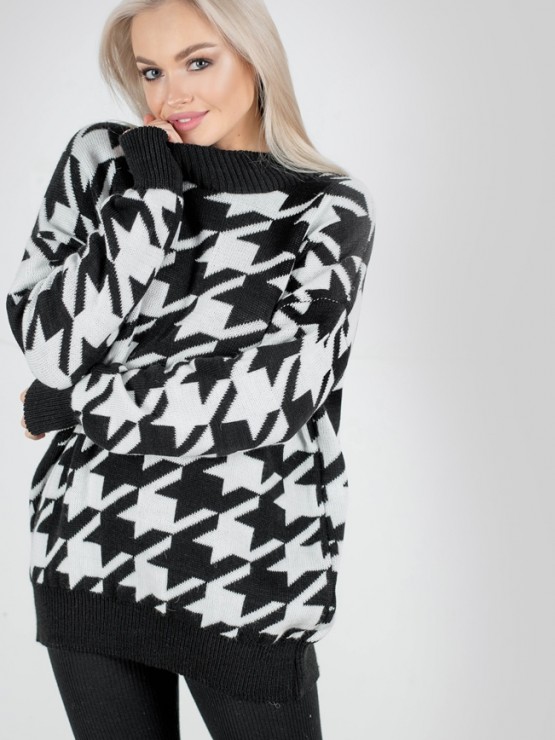 Светр "Донна" - Гусяча лапка - шерсть - Oversize - Чорний-білий 1