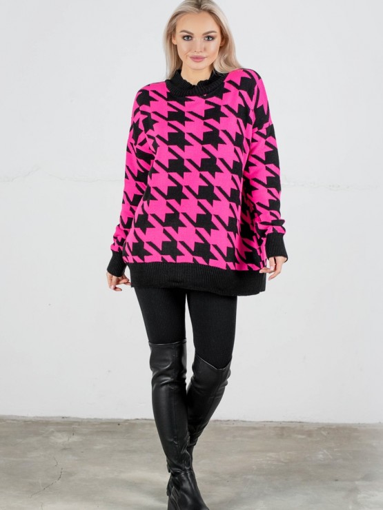 Светр "Донна" - Гусяча лапка - шерсть - Oversize - Чорний-малина 1