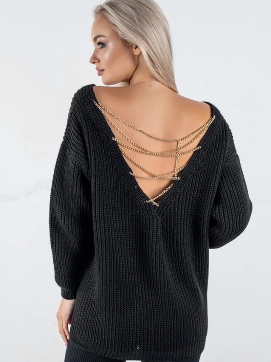 Светр з відкритою спиною oversize - машинне в'язання - "Кайлі" - Чорний 3