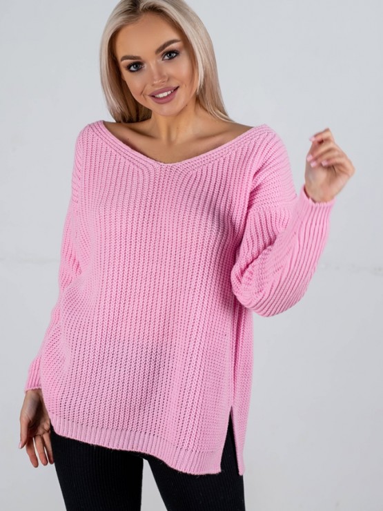 Свитер с открытой спиной oversize - машинная вязка - "Кайли" - Розовый 2