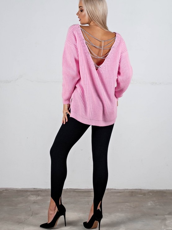 Свитер с открытой спиной oversize - машинная вязка - "Кайли" - Розовый 3