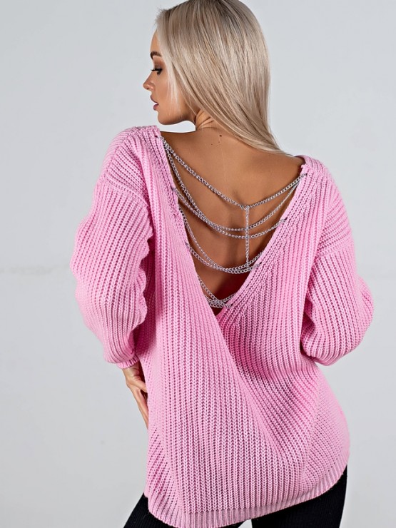 Свитер с открытой спиной oversize - машинная вязка - "Кайли" - Розовый 4