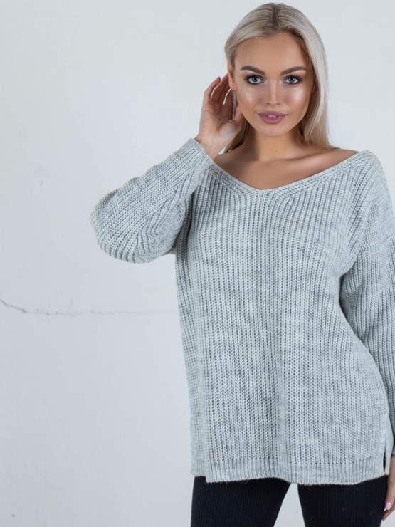 Светр з відкритою спиною oversize - машинне в'язання - "Кайлі" - Сірий 1