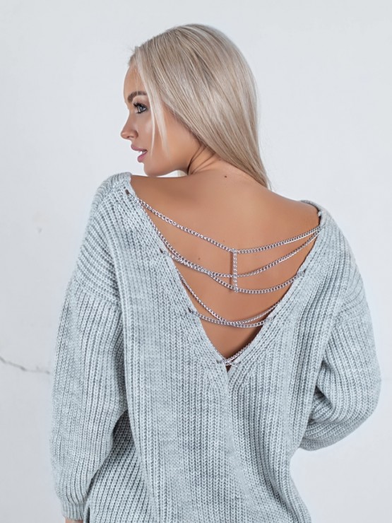 Светр з відкритою спиною oversize - машинне в'язання - "Кайлі" - Сірий 4
