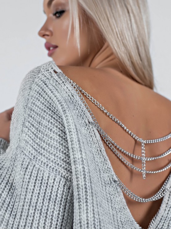 Светр з відкритою спиною oversize - машинне в'язання - "Кайлі" - Сірий 7