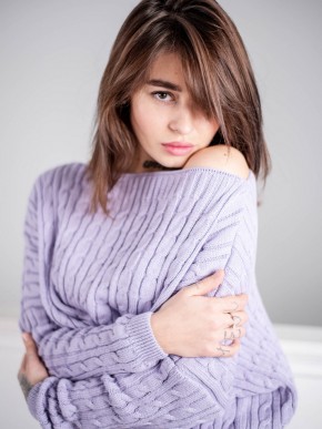 В'язаний жіночий костюм - Спідниця міні і светр вільного крою - машинна в'язка - "Адель" - Лаванда